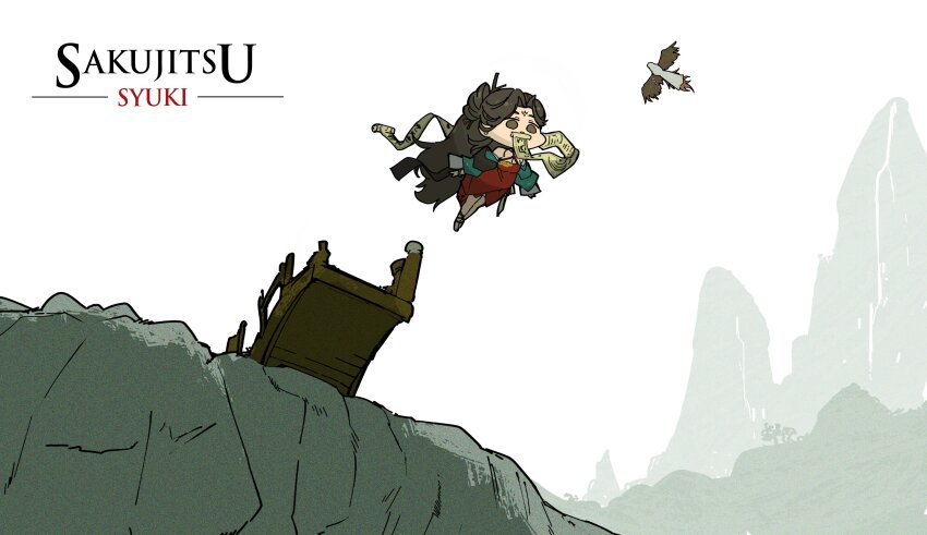 1boy 1girl absurdres assassin&#039;s_creed_(series) black_eyes black_hair bridge broken_bridge brown_wings chibi cliff dive dress flying from_below getian_(reverse:1999) green_sleeves harpy_boy highres holding holding_scroll jiu_niangzi logo_parody long_hair monster_boy mountain mouth_hold red_dress reverse:1999 scroll sky white_sky wide_shot winged_arms wings wooden_bridge ziyunshanding