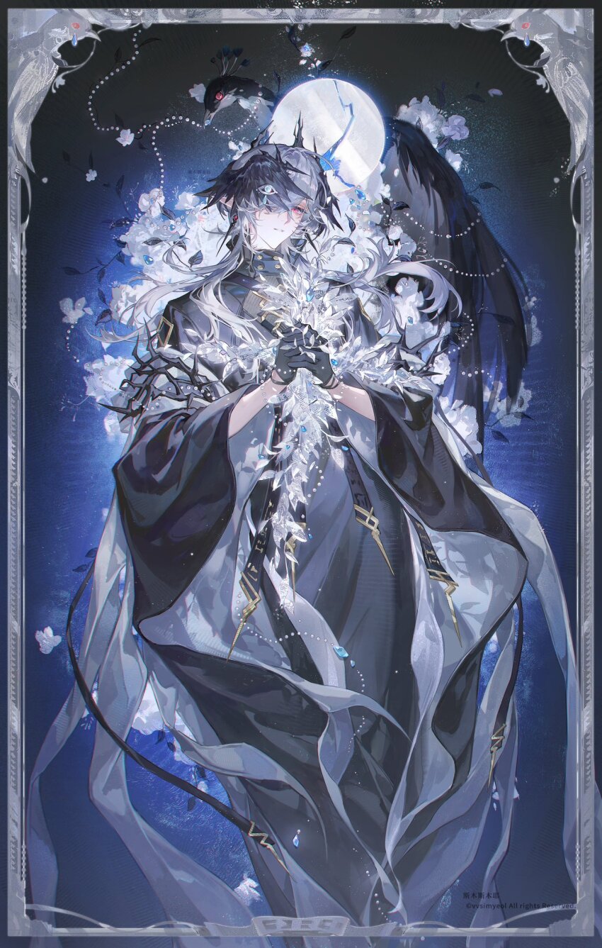 1boy animal arknights bird black_bird black_gloves black_robe border commentary copyright_notice english_commentary gloves grey_hair hair_over_one_eye highres holding jewelry logos_(arknights) logos_(npc)_(arknights) long_hair long_sleeves looking_at_viewer male_focus necklace one_eye_covered ornate_border own_hands_together pearl_necklace pink_eyes pointy_ears robe smusmuye solo teardrop wide_sleeves