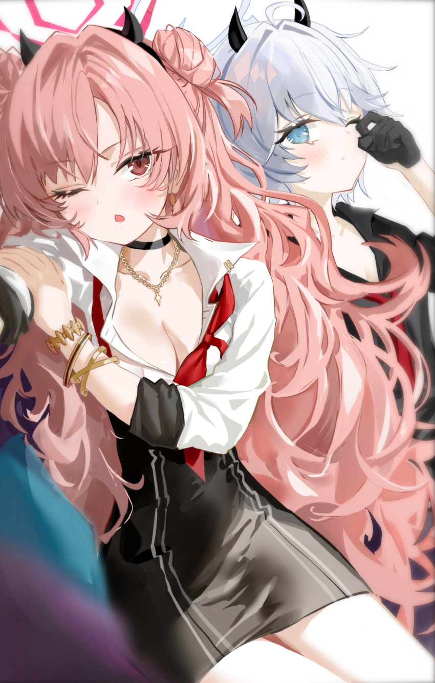 2girls black_choker black_shirt black_skirt blue_archive blue_eyes blue_hair blue_halo blurry blush bow bowtie breasts brown_eyes choker cleavage closed_mouth commentary_request demon_girl demon_horns depth_of_field double_bun erika_(blue_archive) gold_necklace hair_bun halo high-waist_skirt highres horns jewelry kirara_(blue_archive) light_blue_hair looking_at_viewer loose_bowtie lying medium_breasts multiple_girls necklace one_eye_closed open_mouth parted_bangs pink_hair pink_halo red_bow red_bowtie ryoma_(rym_369) shirt skirt white_shirt