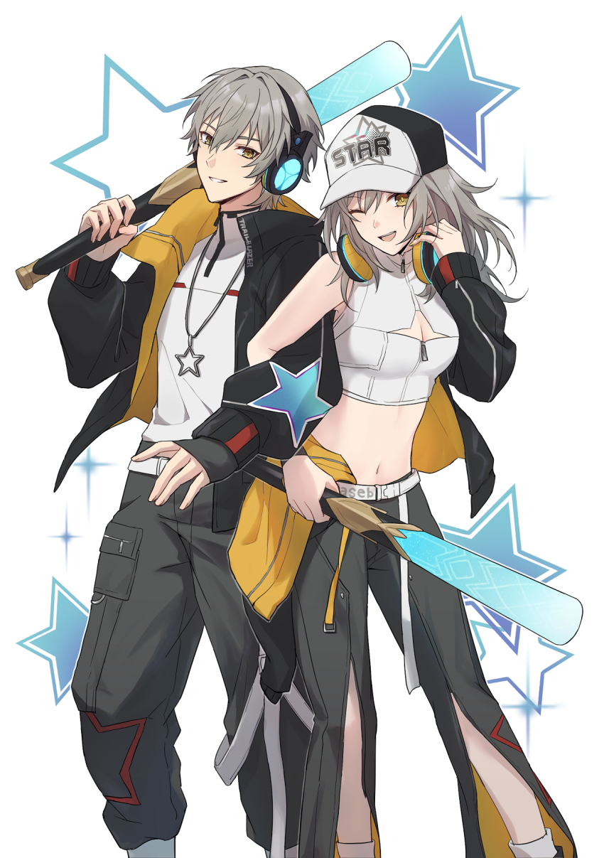 1boy 1girl ;o baseball_bat black_jacket black_pants breasts caelus_(honkai:_star_rail) commentary crop_top headphones headphones_around_neck highres holding holding_baseball_bat honkai:_star_rail honkai_(series) jacket jewelry medium_hair midriff navel necklace one_eye_closed pants rune_(rne_at) shirt short_hair small_breasts star_(symbol) star_symbol_background stelle_(honkai:_star_rail) symbol-only_commentary trailblazer_(honkai:_star_rail) white_background white_shirt yellow_background
