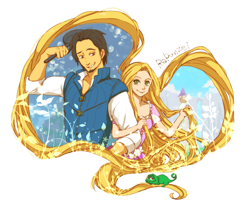 1boy 1girl black_hair blonde_hair chigi-re07 disney flynn_rider frying_pan green_eyes grin long_hair pascal_(tangled) rapunzel_(disney) rapunzel_(fairy_tale) smile tangled very_long_hair