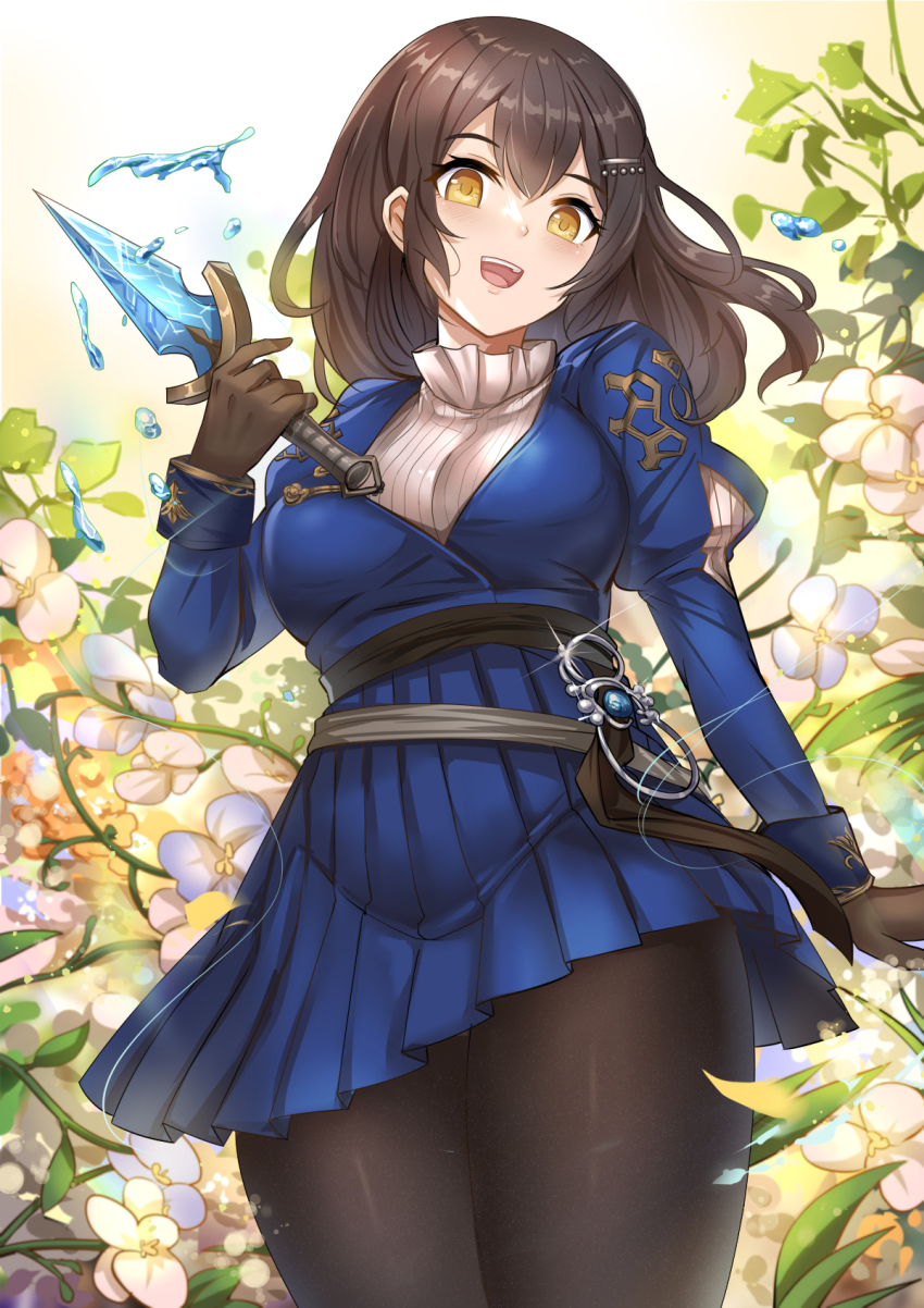 breasts brown_dust_(series) brown_dust_2 brown_hair dagger embroidery flower gloves hair_ornament highres holding holding_dagger holding_knife holding_weapon juliet_sleeves knife long_sleeves looking_at_viewer medium_breasts medium_hair open_mouth pantyhose puffy_sleeves scheherazade_(brown_dust) scheherazade_(the_lapis_witch)_(brown_dust) splashing sweater turtleneck turtleneck_sweater weapon yougenko
