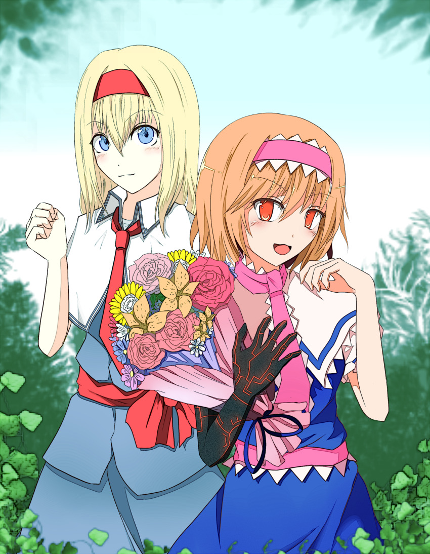 2girls absurdres alice_margatroid blonde_hair blue_dress blue_eyes blush bois_de_justice bouquet bush capelet closed_mouth commentary_request cookie_(touhou) cowboy_shot dies_irae dress dual_persona flower frilled_hairband frilled_necktie frilled_sash frills hair_between_eyes hairband highres hinase_(cookie) holding holding_bouquet looking_at_viewer medium_hair multiple_girls necktie open_mouth orange_eyes orange_hair pink_flower pink_hairband pink_necktie pink_rose pink_sash red_hairband rose sakuna_brownie sash shinza_bansho_series short_hair smile touhou white_capelet