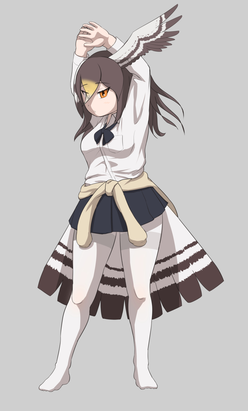 1girl absurdres alternate_costume arms_up bird_girl bird_tail bird_wings blonde_hair blue_bow blue_bowtie blue_skirt blue_sky bow bowtie breasts brown_hair clothes_around_waist collared_shirt full_body head_wings highres kemono_friends long_hair long_sleeves multicolored_hair no_shoes northern_goshawk_(kemono_friends) orange_eyes pantyhose pleated_skirt rest_in_muni school_uniform shirt skirt sky solo sweater sweater_around_waist tail white_hair white_pantyhose white_shirt wings