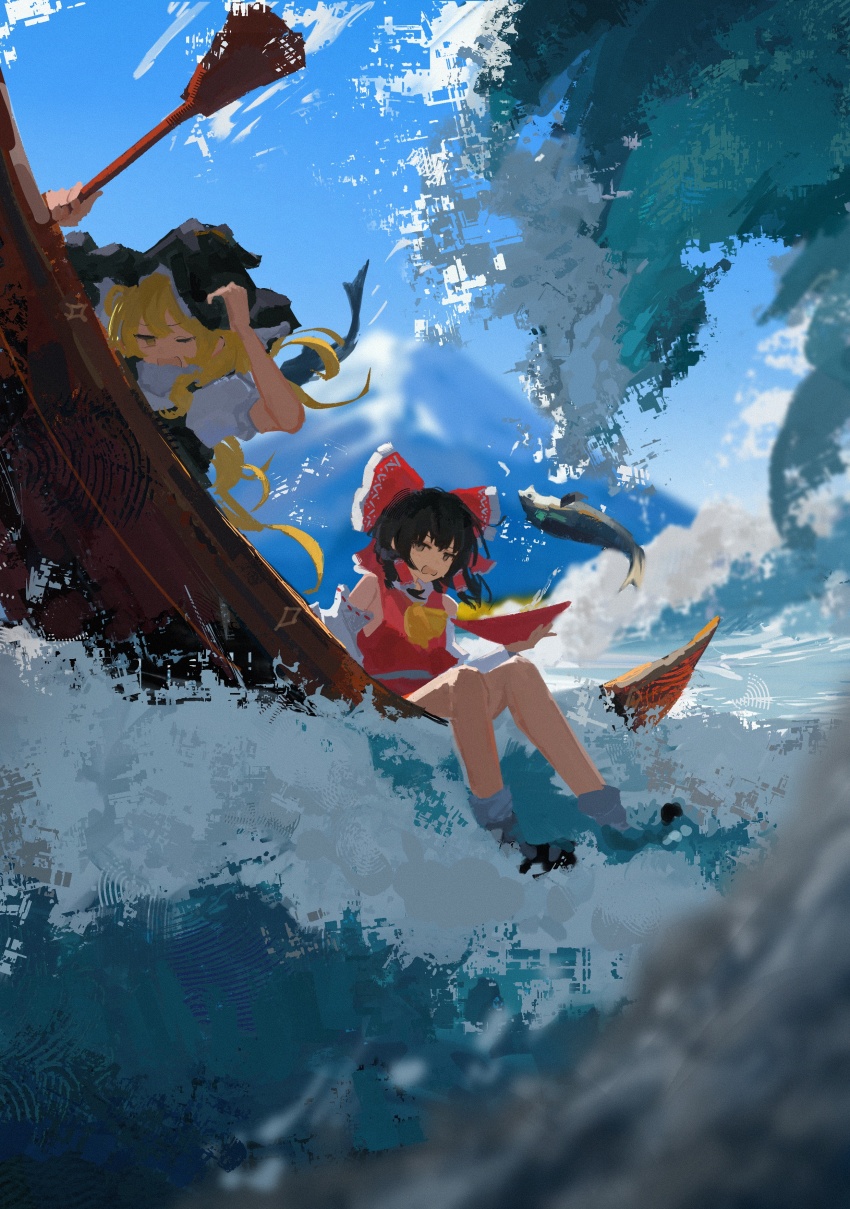 2girls absurdres apron ascot blonde_hair blue_sky blush boat bow braid brown_eyes brown_hair detached_sleeves dress frilled_hair_tubes frills hair_bow hair_tubes hakurei_reimu hat hat_bow highres kirisame_marisa koukouya long_hair mini-hakkero mount_fuji multiple_girls oar ocean open_mouth red_bow ribbon shirt short_hair short_sleeves side_braid single_braid skirt sky smile touhou waist_apron watercraft waves white_bow witch_hat yellow_eyes