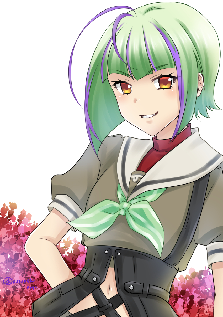 1girl absurdres antenna_hair bob_cut flower green_hair green_neckerchief grey_sailor_collar grin highres inverted_bob kantai_collection multicolored_hair neckerchief one-hour_drawing_challenge parted_lips purple_hair sailor_collar sailor_shirt school_uniform serafuku shirt shizukuneko short_hair smile solo streaked_hair take_(kancolle) upper_body