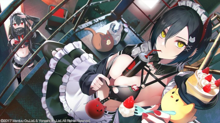 2girls apron azur_lane banned_artist between_breasts bikini black_hair black_skirt black_thighhighs breast_strap breasts brown_cat cake can cat_hair_ornament covered_mouth cross drinking_straw food frilled_apron frills from_above hair_between_eyes hair_ornament holding holding_can holding_tray horns iron_cross looking_at_viewer looking_up maid maid_bikini maid_headdress manjuu_(azur_lane) mechanical_horns medium_breasts meowfficer_(azur_lane) metal midriff multicolored_hair multiple_girls o-ring o-ring_top official_alternate_costume official_art pulling_own_clothes red_eyes red_horns scarf scarf_over_mouth short_hair skirt stairs streaked_hair swimsuit tetsubuta thighhighs tray two-tone_hair u-47_(azur_lane) u-47_(urban_maid)_(azur_lane) ulrich_von_hutten_(azur_lane) ulrich_von_hutten_(mayhem_maid)_(azur_lane) unconventional_maid waist_apron white_apron white_hair x_hair_ornament yellow_eyes zettai_ryouiki