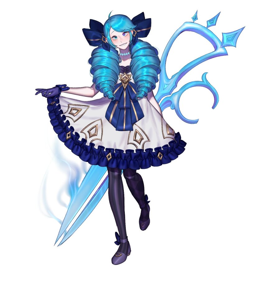 1girl ahoge asymmetrical_legwear black_bow blush bow collarbone dress drill_hair frilled_dress frills full_body gloves glowing green_eyes green_hair grey_dress gwen_(league_of_legends) hair_bow heterochromia highres holding holding_scissors league_of_legends long_hair looking_at_viewer mismatched_legwear myobi_(f0r_l0l) oversized_object pantyhose plaid_clothes plaid_legwear purple_gloves scissors simple_background smile solo standing standing_on_one_leg striped_clothes striped_pantyhose symbol_in_eye teeth twin_drills twintails white_background