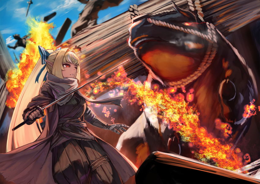 1girl blazing_bull blonde_hair blue_sky bow breasts bull cloud cloudy_sky commentary cosplay cowboy_shot dark-skinned_female dark_skin day fire hair_bow hakama hakama_pants hakama_skirt highres holding holding_sword holding_weapon hololive japanese_clothes katana long_hair mechanical_arms medium_breasts multicolored_hair orange_robe outdoors pants parody pointy_ears ponytail pyytato red_eyes robe rope scarf sekiro sekiro:_shadows_die_twice sekiro_(cosplay) shiranui_flare single_mechanical_arm skirt sky streaked_hair sword two-tone_hair virtual_youtuber weapon white_hair white_scarf wood