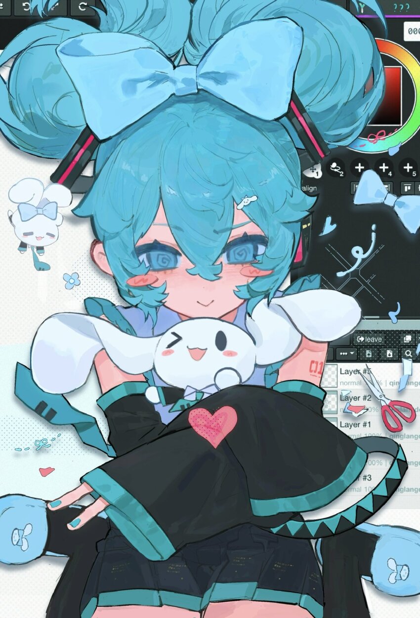 1girl :&gt; ;d @_@ aqua_bow aqua_eyes aqua_hair aqua_nails black_skirt black_sleeves black_socks blue_slippers blush blush_stickers bow cinnamiku cinnamoroll closed_mouth detached_sleeves folded_twintails fuwa_fuwa_cinnamoroll hair_between_eyes hair_bow hair_ornament hairclip hatsune_miku heart highres kaiaik_(zheliakaina) nail_polish number_tattoo one_eye_closed open_mouth sanrio scissors shoulder_tattoo sitting skirt sleeves_past_wrists slippers smile socks tattoo tied_ears updo user_interface v vocaloid wariza