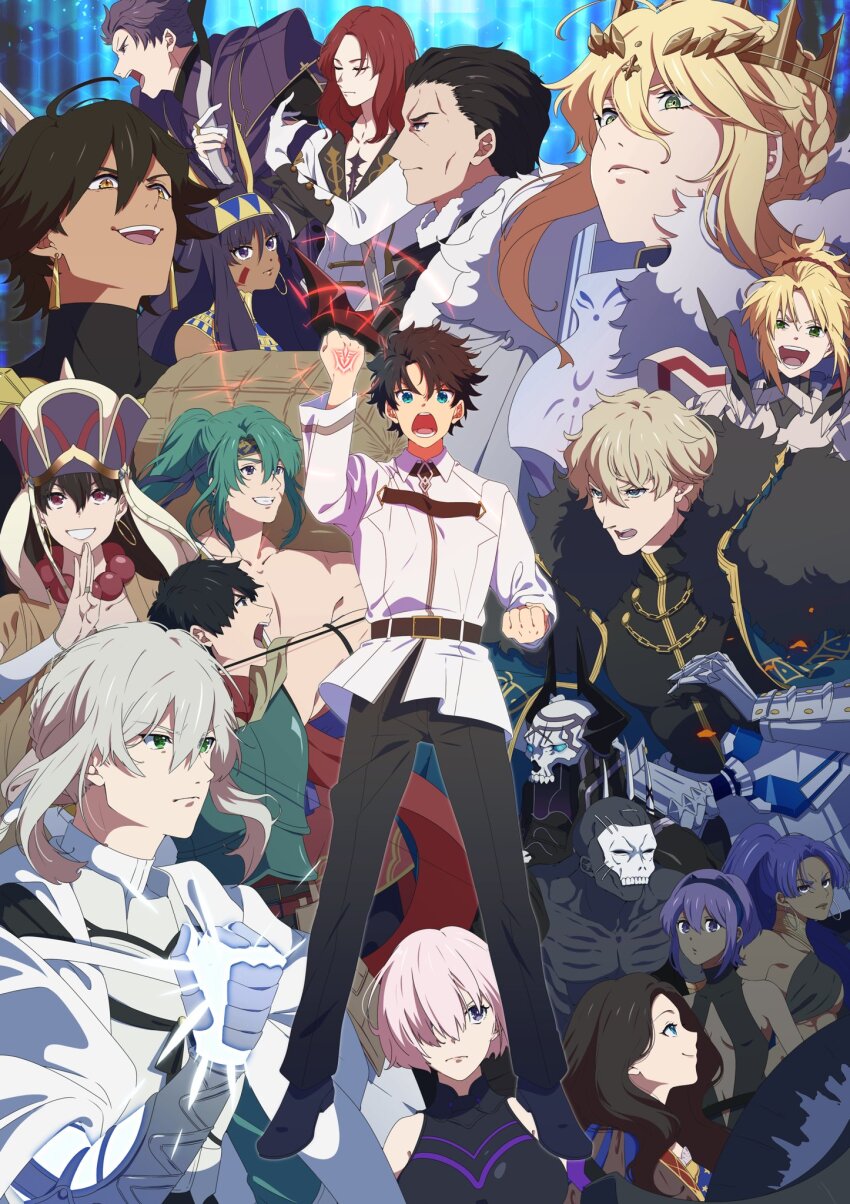 6+boys 6+girls agravain_(fate) arash_(fate) armor artoria_pendragon_(fate) artoria_pendragon_(lancer)_(fate) assassin_(fate/zero) bedivere_(fate) black_armor black_cape black_hair black_hairband black_horns black_pants blonde_hair blue_eyes bow_(weapon) breastplate brown_hair cape chaldea_uniform closed_eyes closed_mouth command_spell commentary_request crown dark-skinned_female dark-skinned_male dark_skin earrings excalibur_galatine_(fate) expressionless facial_mark fate/grand_order fate_(series) female_assassin_(fate/zero) fujimaru_ritsuka_(male) fur-trimmed_cape fur_trim gauntlets gawain_(fate) green_eyes green_hair grey_hair hair_over_one_eye hairband hassan_of_serenity_(fate) hassan_of_the_cursed_arm_(fate) highres holding holding_bow_(weapon) holding_shield holding_sword holding_weapon horns jacket jewelry king_hassan_(fate) lancelot_(fate/grand_order) leonardo_da_vinci_(fate) lion_king_(lancer)_(fate) long_hair mash_kyrielight mash_kyrielight_(demi-servant) mask mordred_(fate) mordred_(fate/apocrypha) multiple_boys multiple_girls mura_saki00 nitocris_(fate) one_eye_covered ozymandias_(fate) pants pink_hair ponytail profile prosthesis prosthetic_arm purple_eyes purple_hair shield short_hair sidelocks skull_mask smile sword tawara_touta_(fate) teeth tristan_(fate) upper_teeth_only weapon white_jacket xuangzang_sanzang_(fate)