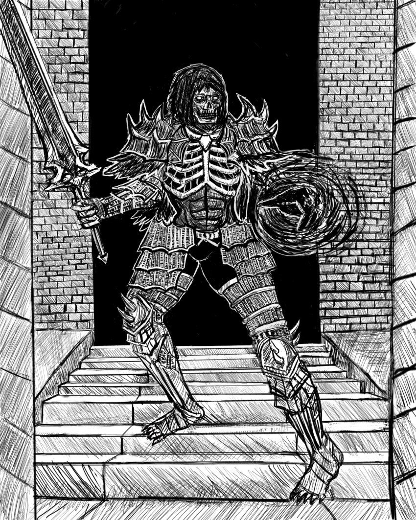 aconitum-acolyte armor armored_boots boots brick_wall dark_souls_(series) dark_souls_i darkwraith_(dark_souls) fighting_stance full_armor gauntlets highres hood knight looking_at_viewer monochrome shoulder_armor stairs sword weapon