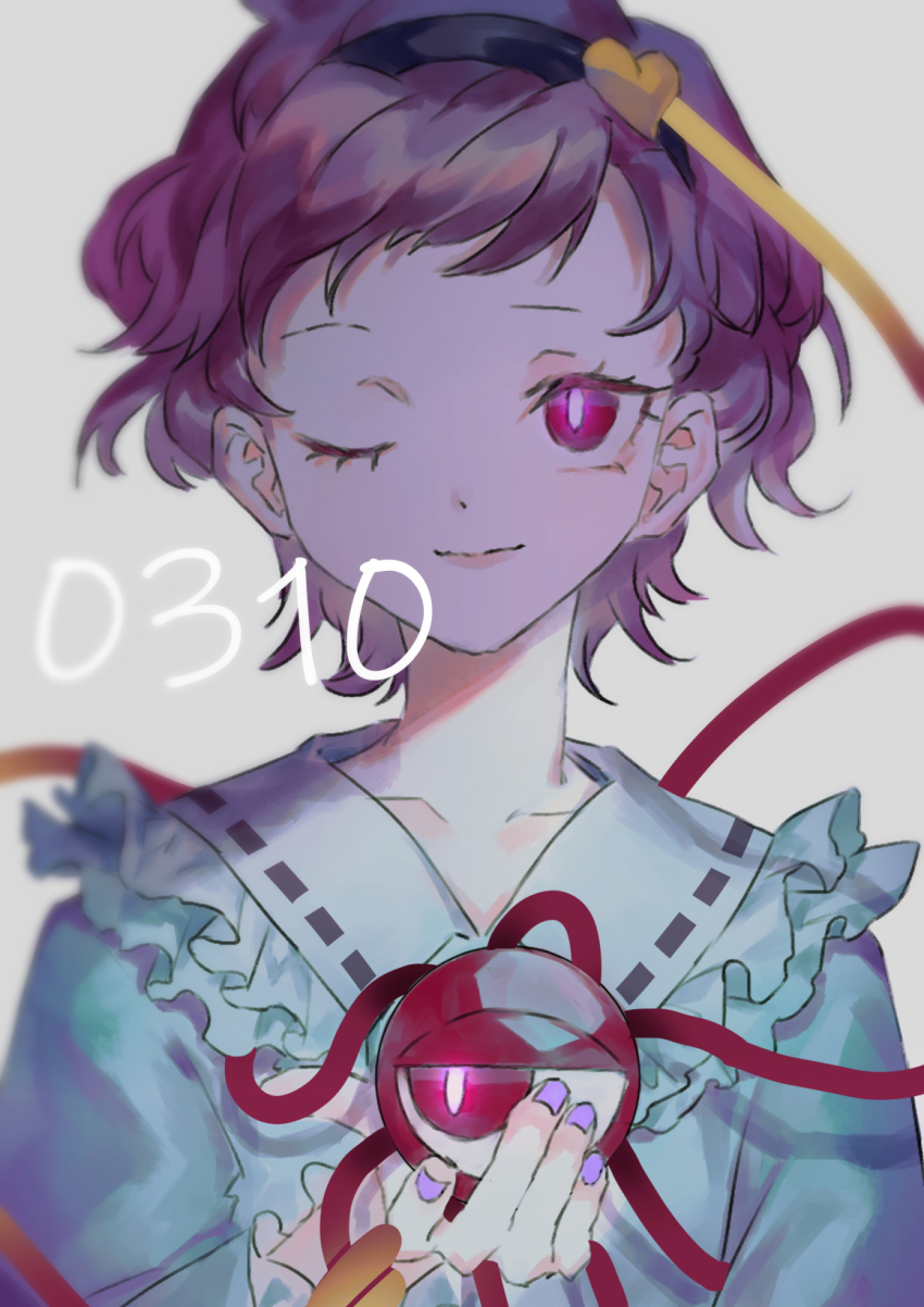 1girl ama_asagi black_hairband blouse blue_shirt bright_pupils buttons closed_mouth collarbone commentary fingernails frilled_shirt_collar frills hair_ornament hairband hand_up heart heart_button heart_hair_ornament highres komeiji_satori light_smile looking_at_viewer looking_to_the_side nail_polish one_eye_closed pink_nails purple_eyes purple_hair ribbon_trim satori_day shirt short_hair third_eye touhou upper_body white_pupils