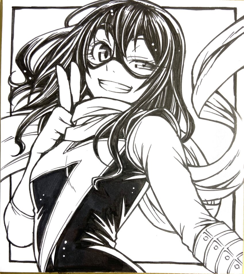 1girl animification breasts chiba_toshirou commentary_request domino_mask elbow_gloves gloves greyscale grin half-closed_eye highres kamala_khan marker_(medium) marvel mask monochrome ms._marvel scarf small_breasts smile solo superhero_costume traditional_media upper_body v