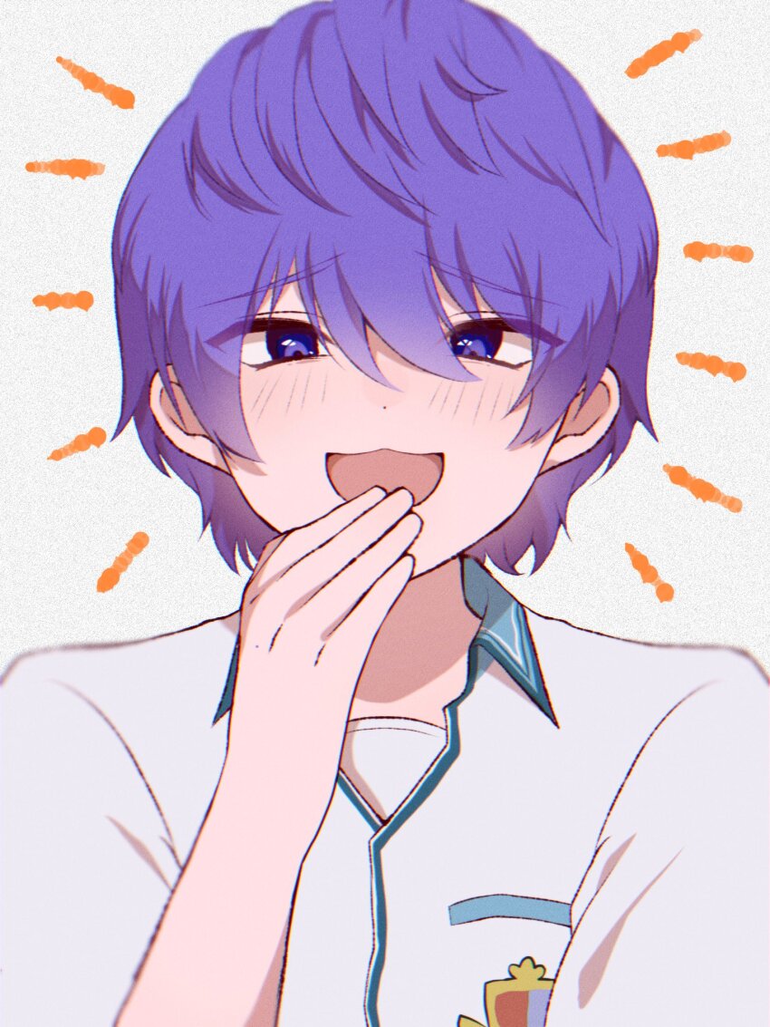 1boy blue_eyes blue_hair commentary_request covering_own_mouth dragon_quest dragon_quest_x film_grain hand_over_own_mouth highres laughing looking_at_viewer male_focus nikon_(user_aznh7528) open_mouth risoru_(dq10) school_uniform short_hair solo upper_body white_background