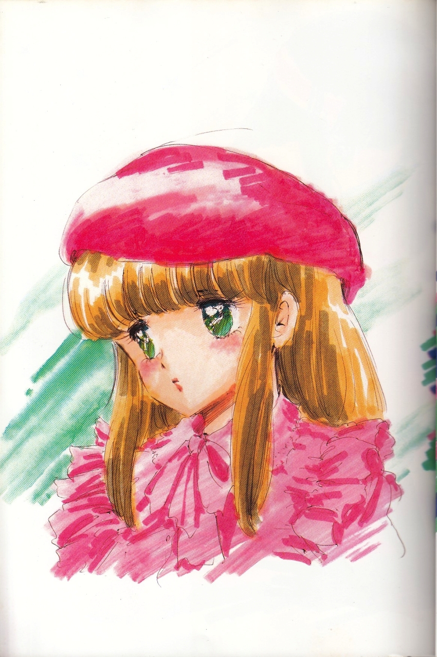 1980s_(style) 1girl blouse blush cream_lemon escalation green_eyes hat highres komatsuzaki_rie long_hair marker_(medium) non-web_source official_art oldschool orange_hair pink_hat pink_shirt portrait retro_artstyle scan shingyouji_tatsuya shirt solo traditional_media