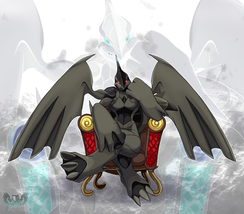 absurdres artist_logo claws colored_sclera commission dragon_tail dragon_wings gen_5_pokemon highres horns legendary_pokemon logo looking_at_viewer nintendo pokemon pokemon_(creature) red_sclera single_horn sitting solo tail tytofi wings zekrom zoom_layer