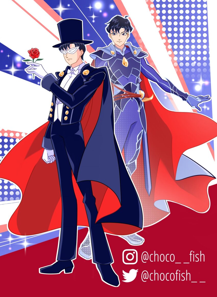 2boys ahoge alternate_costume armor armored_boots bad_id bad_twitter_id bishoujo_senshi_sailor_moon black_cape black_eyes black_hair black_hat black_jacket black_pants black_shoes black_suit blazer blue_background blue_boots blue_cape blue_gloves blue_pants boots bow bowtie breastplate cape cartoonized chiba_mamoru chocofish clenched_hand closed_mouth collared_shirt commentary dress_pants dress_shoes dual_persona english_commentary expressionless flower formal_clothes full_body gloves halftone halftone_background happy hat high_collar highres holding holding_flower instagram_username jacket knee_boots light_frown light_particles long_sleeves magical_boy male_focus mask masquerade_mask military_uniform multiple_boys open_clothes open_jacket outline pants parody parted_bangs red_background red_cape red_flower red_rose rose shirt shoes short_hair sleeve_cuffs smile sparkle style_parody suit toon_(style) top_hat traditional_bowtie tuxedo_kamen twitter_username two-sided_cape two-sided_fabric two-tone_background watermark white_bow white_bowtie white_gloves white_mask white_outline white_shirt winx_club