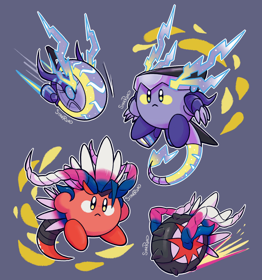 claws colored_skin copy_ability highres kirby kirby_(series) koraidon miraidon nintendo no_humans outline pokemon pokemon_(creature) purple_background purple_skin red_skin signature solid_oval_eyes starroad tail wheel_kirby white_outline