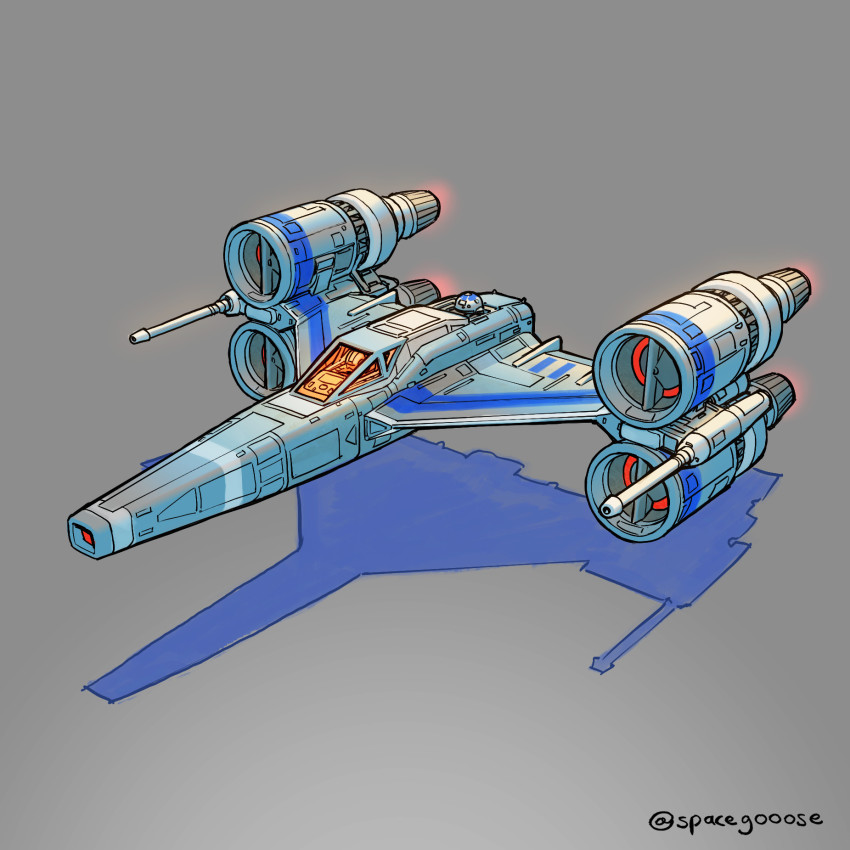 astromech_droid canopy_(aircraft) commentary droid english_commentary flying grey_background highres no_humans non-humanoid_robot original robot science_fiction shadow space_gooose spacecraft star_wars starfighter thrusters twitter_username vehicle_focus
