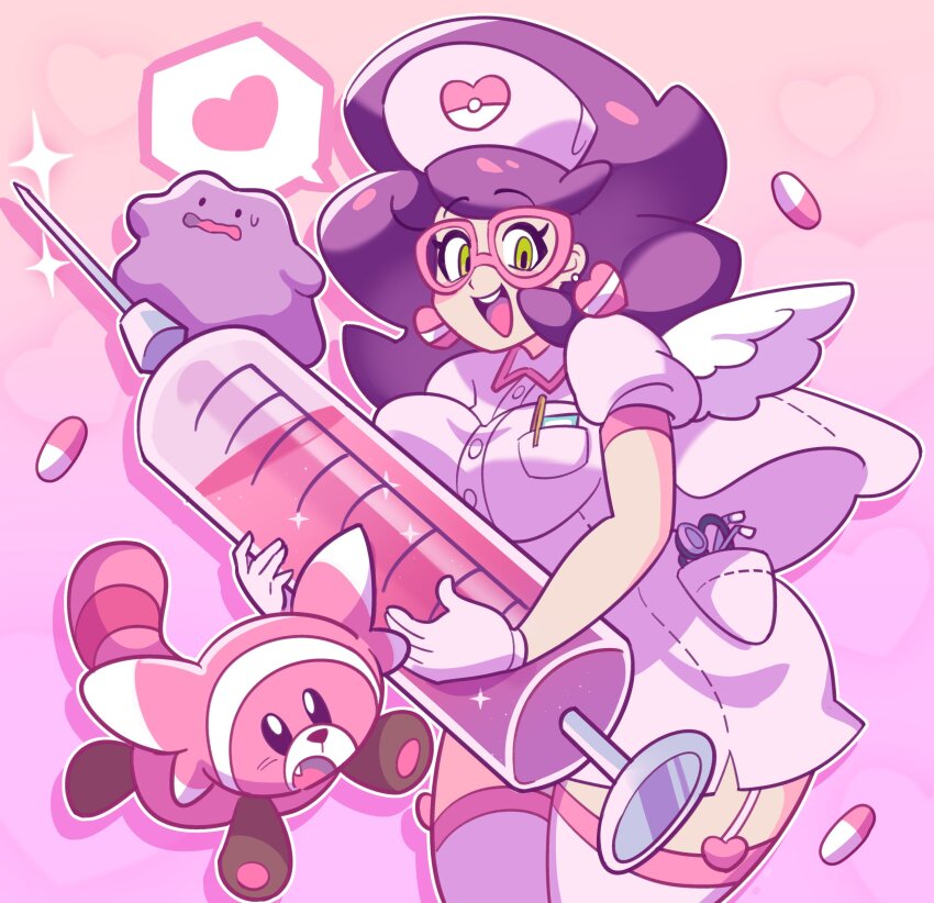 1girl breasts ditto earrings garter_straps gen_1_pokemon gen_7_pokemon glasses gloves gradient_background green_eyes hat heart heart_earrings highres holding holding_syringe jewelry large_breasts large_syringe loveycloud medium_breasts nintendo nurse nurse_cap outline oversized_object pill pink_background pink_liquid plump pokemon pokemon_sm purple_hair sparkle stufful syringe thighhighs white_gloves white_outline wicke_(pokemon) wings