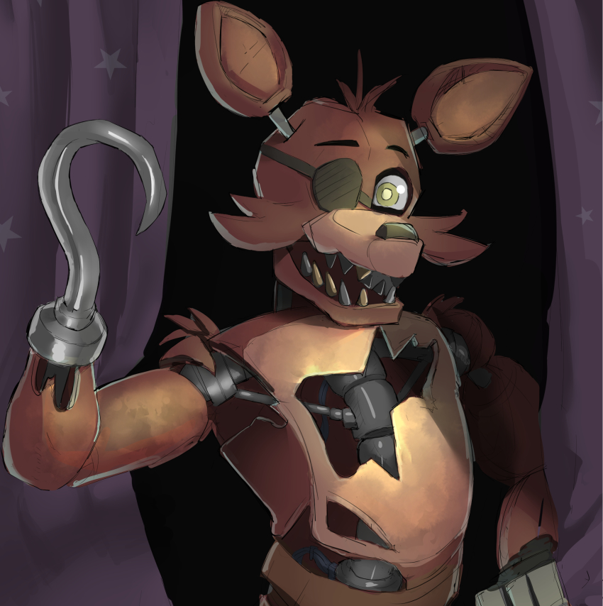 animal_ears eyepatch five_nights_at_freddy&#039;s five_nights_at_freddy&#039;s_1 fox_ears foxy_(fnaf) highres hook hook_hand oyoso_goku sharp_teeth solo teeth yellow_eyes