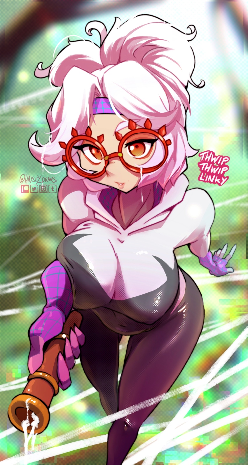 1girl absurdres bodysuit breast_press breasts commentary cosplay eyeshadow eyewear_on_head glasses hair_bun hair_ornament hair_stick haysey highres hood hooded_bodysuit large_breasts looking_at_viewer makeup marvel nintendo purah red-framed_eyewear red_eyes red_eyeshadow round_eyewear sheikah silk solo spider-gwen spider-gwen_(cosplay) spider-man:_across_the_spider-verse spider-man:_into_the_spider-verse spider-man_(series) spider-verse spider_web superhero_costume the_legend_of_zelda the_legend_of_zelda:_tears_of_the_kingdom white_hair