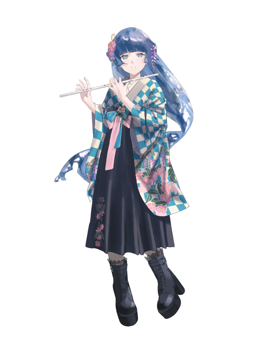 1girl black_boots blue_eyes blue_hair boots chain_paradox checkered_clothes checkered_kimono floral_print flower flute hair_flower hair_ornament highres holding holding_instrument instrument japanese_clothes kimono long_hair platform_boots sabae_38 solo standing transparent_background watatsumi_shizuku wide_sleeves