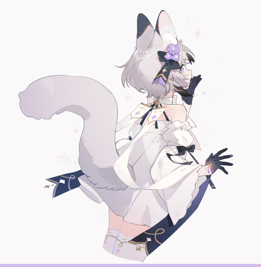 1girl animal_ear_fluff animal_ears arin_(fanfan013) bare_shoulders black_bow black_gloves bow cat_ears cat_girl cat_tail cropped_legs detached_sleeves dress flower from_behind gloves grey_hair hair_flower hair_ornament half_gloves hand_on_own_face highres long_sleeves looking_at_viewer looking_back original purple_eyes purple_flower short_hair simple_background solo tail thighhighs white_background white_dress white_thighhighs wide_sleeves