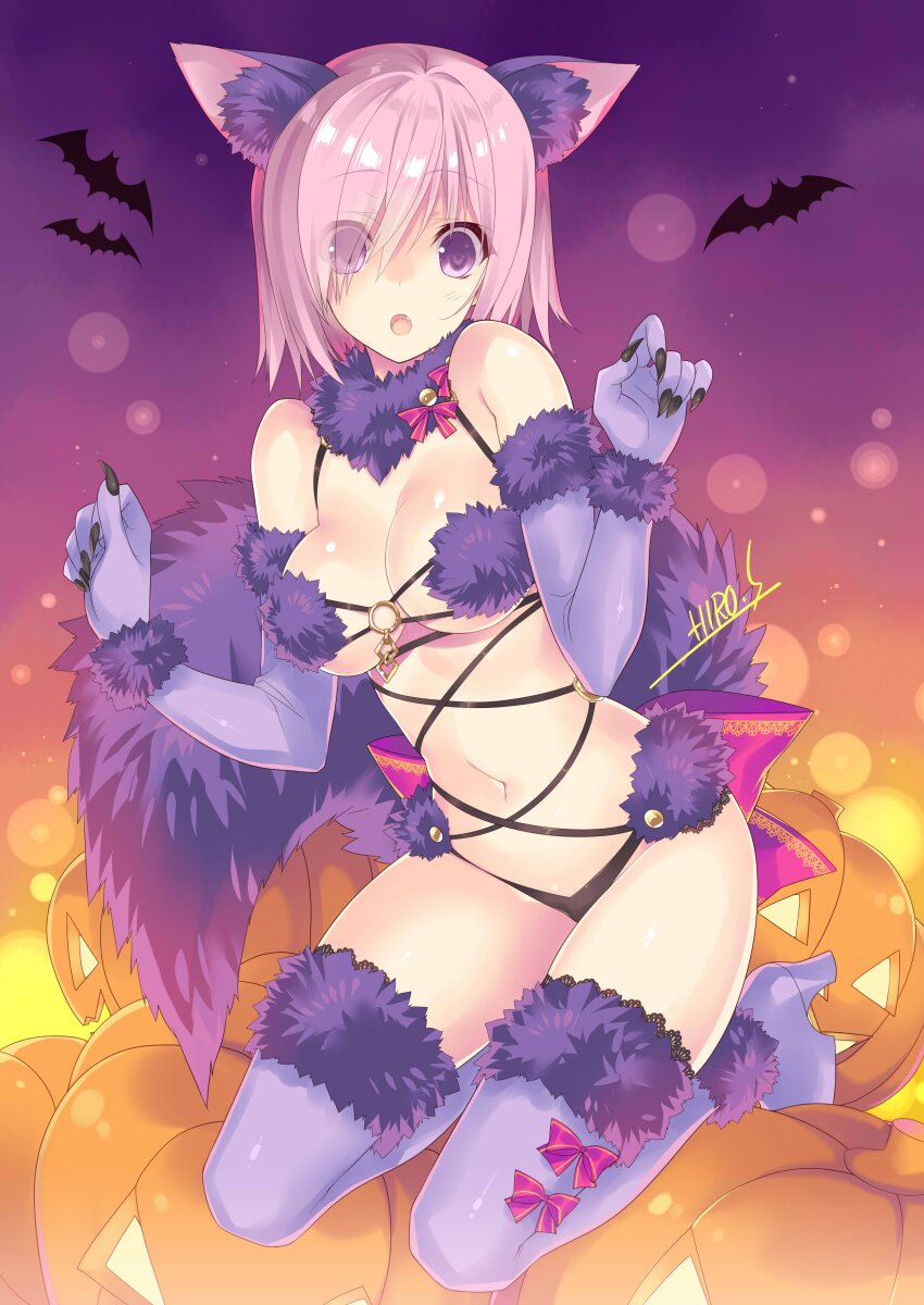 1girl absurdres animal_ears breasts elbow_gloves fate/grand_order fate_(series) fur-trimmed_legwear fur_bikini fur_trim gloves hair_over_one_eye halloween halloween_costume highres jack-o&#039;-lantern looking_at_viewer mash_kyrielight mash_kyrielight_(dangerous_beast) medium_breasts navel open_mouth pink_hair purple_eyes solo suzuhira_hiro wolf_ears