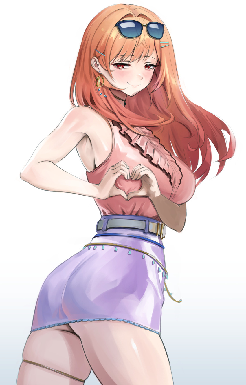 1girl absurdres ass belt breasts choker closed_mouth dalcom earrings eyewear_on_head hair_ornament hairclip heart heart_hands highres hololive hololive_dev_is ichijou_ririka jewelry large_breasts looking_at_viewer miniskirt orange_hair pink_shirt purple_skirt red_eyes shirt shirt_tucked_in simple_background skirt sleeveless sleeveless_shirt smile solo thigh_strap thighs twisted_torso