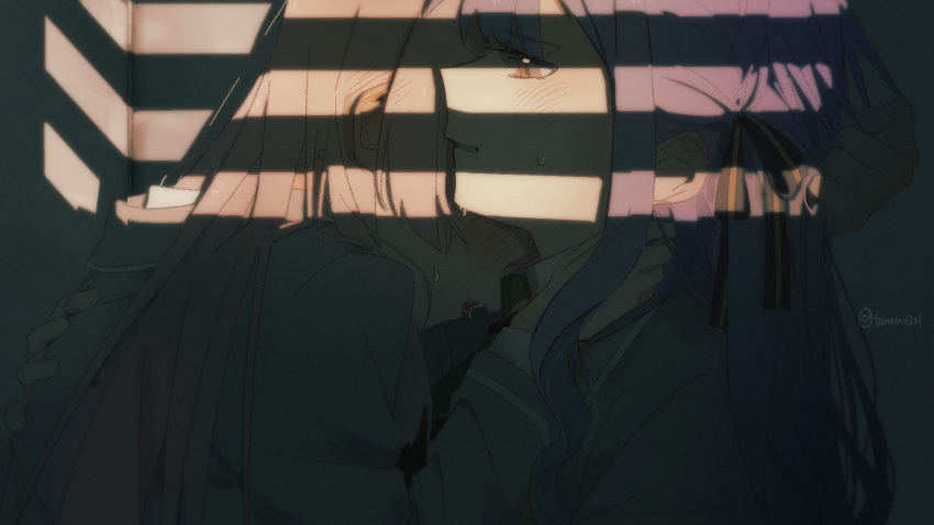 2girls bang_dream! bang_dream!_it&#039;s_mygo!!!!! blue_hair brown_eyes chihaya_anon chinese_commentary commentary_request earrings green_necktie grey_jacket hanemi haneoka_school_uniform highres hug in_locker jacket jewelry long_hair long_sleeves multiple_girls necktie open_mouth pink_hair saliva school_uniform sidelocks sweat togawa_sakiko yuri