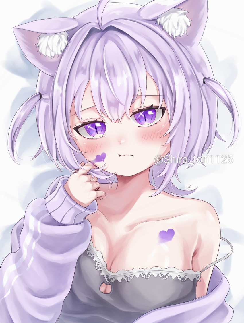 1girl absurdres ahoge animal_ear_fluff animal_ears black_camisole blush breasts camisole cat_cutout cat_ears cat_girl chest_tattoo cleavage cleavage_cutout clothing_cutout facial_tattoo highres hololive jacket large_breasts lying medium_hair nekomata_okayu nekomata_okayu_(membership) official_alternate_costume official_alternate_hairstyle on_back purple_eyes purple_hair purple_jacket shiratori_(atfs8447) solo tattoo two_side_up virtual_youtuber