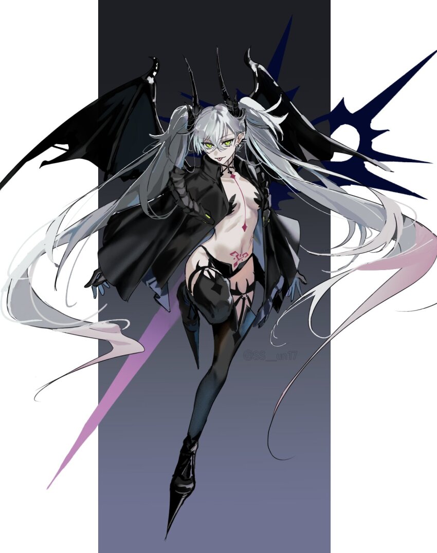 1girl :p black_boots black_hands black_horns black_jacket black_panties boots breasts chest_tattoo colored_extremities commentary crossed_bangs demon_girl demon_horns demon_wings earrings fate/grand_order fate_(series) full_body gradient_hair green_eyes grey_hair hair_between_eyes high_heel_boots high_heels highres horns jacket jewelry leg_up lilith_(fate) lilith_(second_ascension)_(fate) long_hair long_sleeves looking_at_viewer medium_breasts multicolored_hair o-ring o-ring_thigh_strap open_clothes open_jacket panties pillarboxed pink_hair pointy_ears popped_collar pubic_tattoo solo ss_un17 standing standing_on_one_leg symbol-only_commentary tattoo thigh_boots thigh_strap tongue tongue_out twintails twitter_username underwear wide_sleeves wings