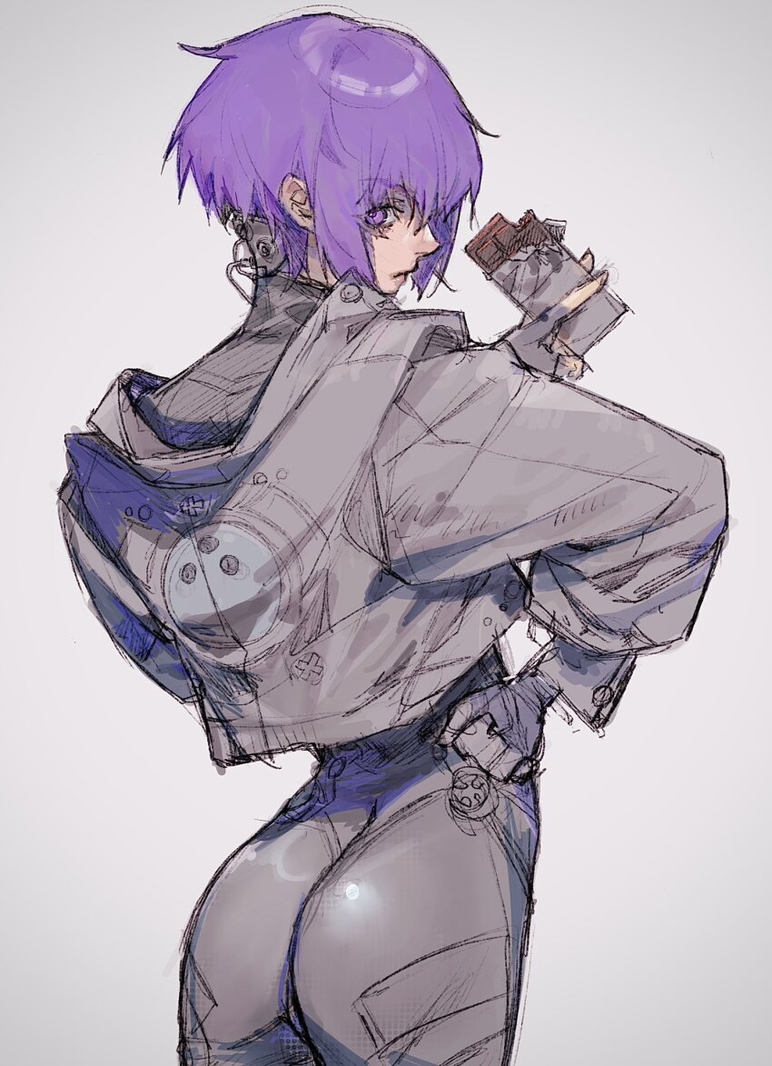 1girl ass bob_cut bodysuit cable chocolate closed_mouth commentary cowboy_shot cyborg eating food food_bite from_behind ghost_in_the_shell gloves grey_background grey_bodysuit grey_gloves grey_jacket hand_on_own_hip highres holding holding_chocolate holding_food inverted_bob jacket kusanagi_motoko looking_at_viewer looking_back purple_eyes purple_hair short_hair simple_background sketch skin_tight solo soono_(rlagpfl) valentine
