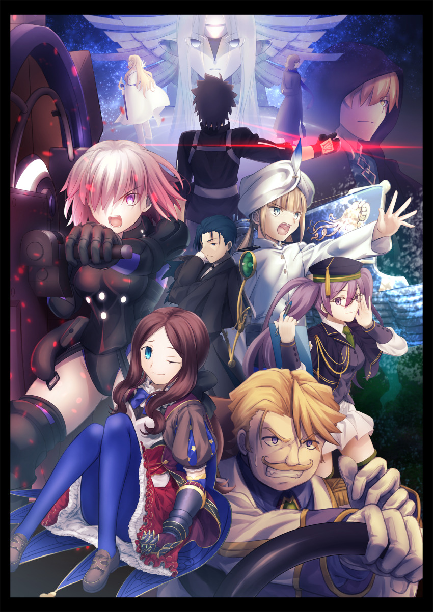 absurdres armor armored_leotard arms_behind_back black-framed_eyewear black_armor black_capelet black_cloak black_gloves black_hair black_jacket blonde_hair blue_eyes blue_pantyhose brown_hair buttons cape capelet captain_nemo_(fate) chaldea_no_mono cloak colored_skin command_spell commentary_request dress facial_hair fate/grand_order fate_(series) fingerless_gloves from_behind fujimaru_ritsuka_(male) fujimaru_ritsuka_(male)_(polar_chaldea_uniform) gauntlets glasses gloves goredolf_musik green_necktie grey_eyes grey_hair grey_skin gun hair_over_one_eye hat highres holding holding_gun holding_staff holding_weapon hood hood_up hooded_cloak jacket juliet_sleeves kirschtaria_wodime kotomine_kirei leonardo_da_vinci_(fate) leonardo_da_vinci_(fate/grand_order) leonardo_da_vinci_(rider)_(fate) leotard long_hair long_sleeves mash_kyrielight mash_kyrielight_(ortenaus) multiple_boys multiple_girls mustache necktie nemo_(fate) one_eye_closed one_eye_covered orange_hair pantyhose pink_hair pointy_ears ponytail priestess_of_the_alien_god puffy_sleeves purple_eyes purple_hair purple_hat rasputin_(fate) red_dress sherlock_holmes_(fate) shoori_(migiha) short_hair sion_eltnam_(type-moon) sion_eltnam_sokaris sitting smile staff twintails very_long_hair weapon white_cape white_gloves yellow_eyes