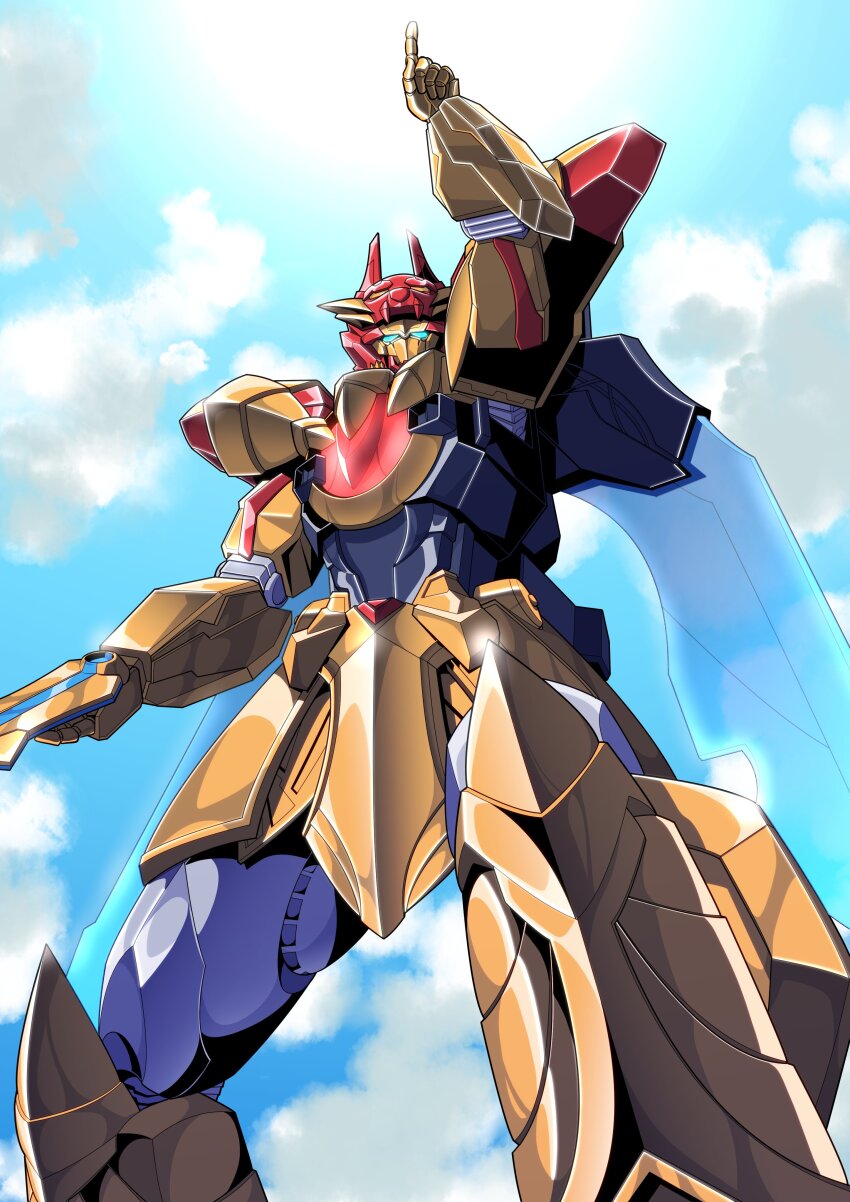 2025 20s absurdres adk-em arm_blade bandai bandai_namco cloud highres kaneko_naoya mecha mecha_focus no.1_sentai_gozyuger no_humans pointing pointing_up robot sun super_robot super_sentai sword tegasword tegasword_(mecha) tegasword_red toei_company tokusatsu tv_asahi weapon
