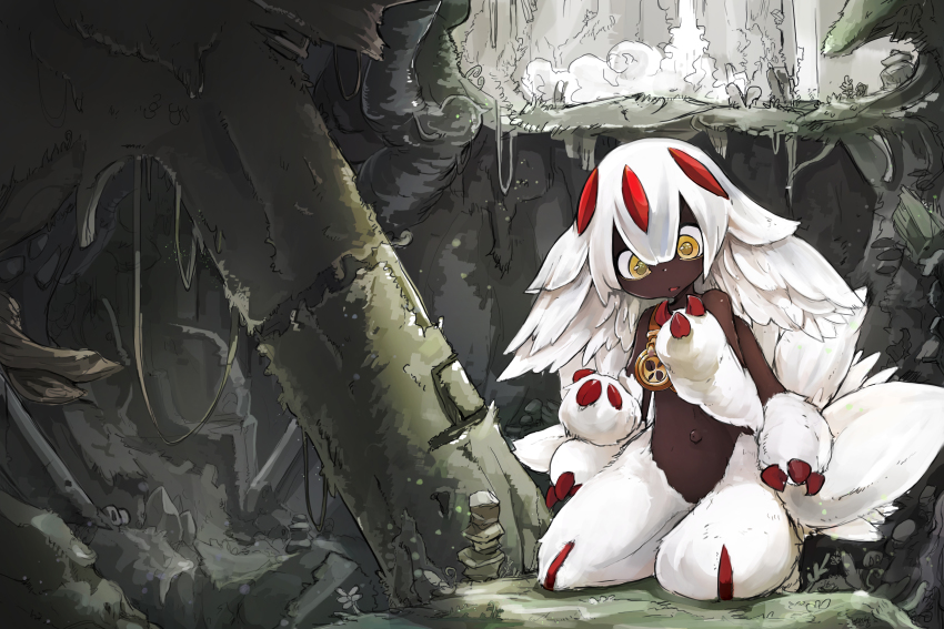 1girl absurdres black_skin colored_skin extra_arms faputa female_focus highres kneeling made_in_abyss monster_girl my700 navel outie_navel solo white_hair yellow_eyes