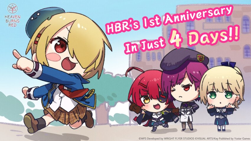 4girls ahoge anniversary asami_makiko_(heaven_burns_red) beret black_jacket black_ribbon black_socks blonde_hair blue_jacket blue_skirt blunt_bangs blush_stickers brown_skirt building chibi company_name copyright_name earrings english_text eyepatch food gloves green_eyes hair_ornament hair_over_one_eye hair_ribbon hairclip hat heaven_burns_red highres jacket jewelry kayamori_ruka key_(company) long_hair long_sleeves looking_at_another multiple_girls nanase_nanami_(heaven_burns_red) narby_(heaven_burns_red) neck_ribbon necktie official_art one_eye_closed one_eye_covered open_clothes open_jacket open_mouth orange_eyes outdoors pantyhose plaid_clothes plaid_skirt pleated_skirt pointing ponytail purple_hair red_eyes red_hair red_necktie ribbon running school school_uniform shirt short_hair skirt sky smile socks tezuka_saki tree white_shirt white_skirt yellow_eyes yostar