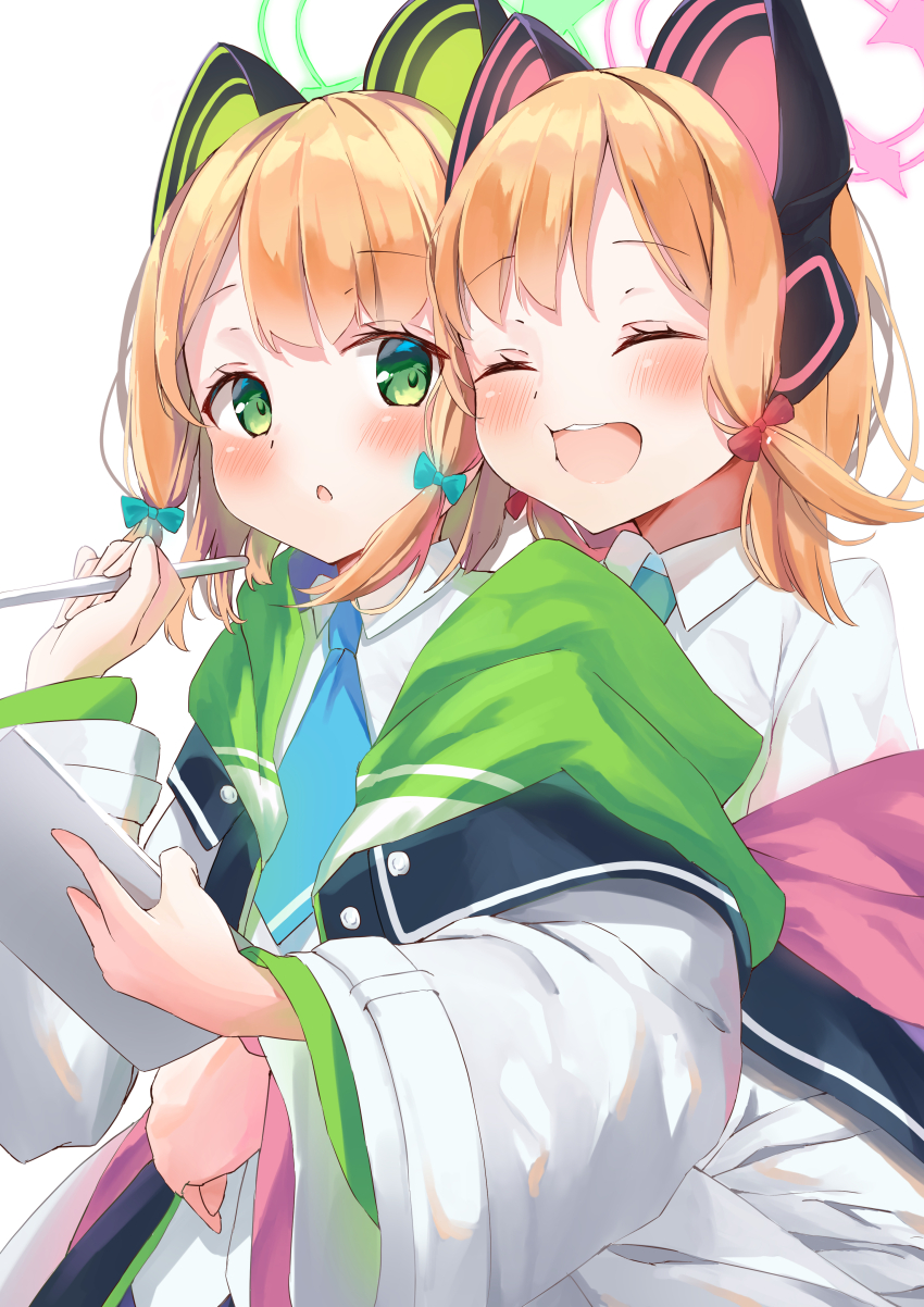 2girls ^_^ absurdres animal_ear_headphones animal_ears blonde_hair blue_archive blue_necktie blush bow buttons cat_ear_headphones cat_ears closed_eyes collared_shirt commentary drawing_tablet fake_animal_ears green_bow green_eyes green_halo green_jacket hair_bow halo hand_up happy headphones highres holding holding_drawing_tablet holding_stylus hood hood_down hooded_jacket hug hug_from_behind jacket long_sleeves looking_at_another looking_back low-tied_sidelocks matcha_(user_yyss8744) medium_hair midori_(blue_archive) momoi_(blue_archive) multicolored_jacket multiple_girls necktie off_shoulder open_clothes open_jacket open_mouth parted_bangs parted_lips pink_halo pink_jacket red_bow shirt siblings sidelocks simple_background sisters smile stylus teeth twins unbuttoned upper_body upper_teeth_only white_background white_jacket white_shirt wide_sleeves