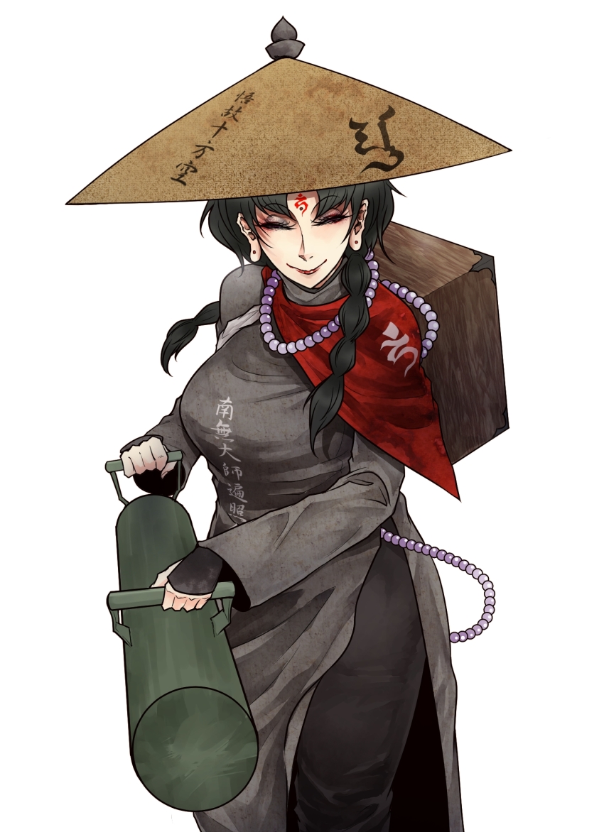 1girl backpack bag battering_ram black_hair braid closed_eyes closed_mouth commentary_request dress earrings facial_mark fingerless_gloves forehead_mark gloves hat highres jewelry long_earlobes long_hair long_sleeves pants ryuuichi_(f_dragon) shawl side_slit simple_background smile solo touhou white_background wide_sleeves yatadera_narumi
