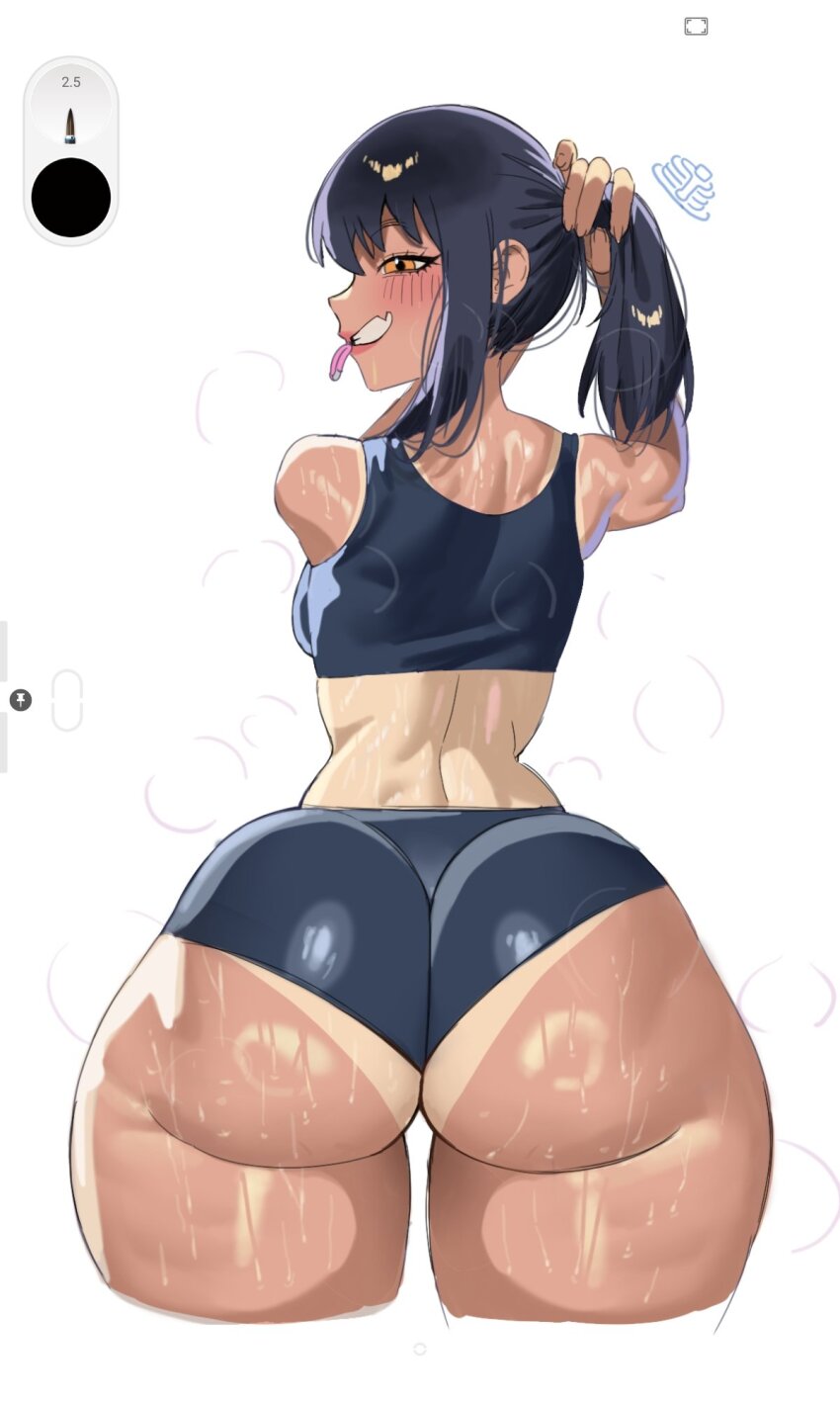 1girl ass back bare_shoulders black_hair blush from_behind highres huge_ass ijiranaide_nagatoro-san long_hair looking_at_viewer looking_back nagatoro_hayase narrow_waist orange_eyes pankekes simple_background smile solo sports_bra sweat tan tanline thick_thighs thighs tying_hair undersized_clothes white_background wide_hips workout_clothes