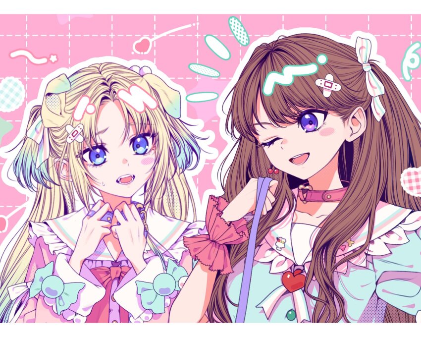 2girls 596_(_gokuraku_joudo) ;d animal_ears aqua_dress blonde_hair blue_eyes blush blush_stickers brown_hair cherry_earrings choker commentary dog_ears dotted_line dress earrings fangs food-themed_earrings food_themed_earrings frilled_sailor_collar frills fujishima_megumi grid_background hakuchu_a_la_mode heart heart_o-ring heart_ring_choker highres holding holding_leash jewelry kemonomimi_mode leash letterboxed link!_like!_love_live! long_sleeves love_live! mira-cra_park! multiple_girls notice_lines o-ring o-ring_choker official_alternate_costume one_eye_closed open_mouth osawa_rurino outline pink_background pink_dress puffy_short_sleeves puffy_sleeves purple_eyes sailor_collar short_sleeves single_earring sleeveless sleeveless_dress smile twintails upper_body virtual_youtuber white_outline white_sailor_collar
