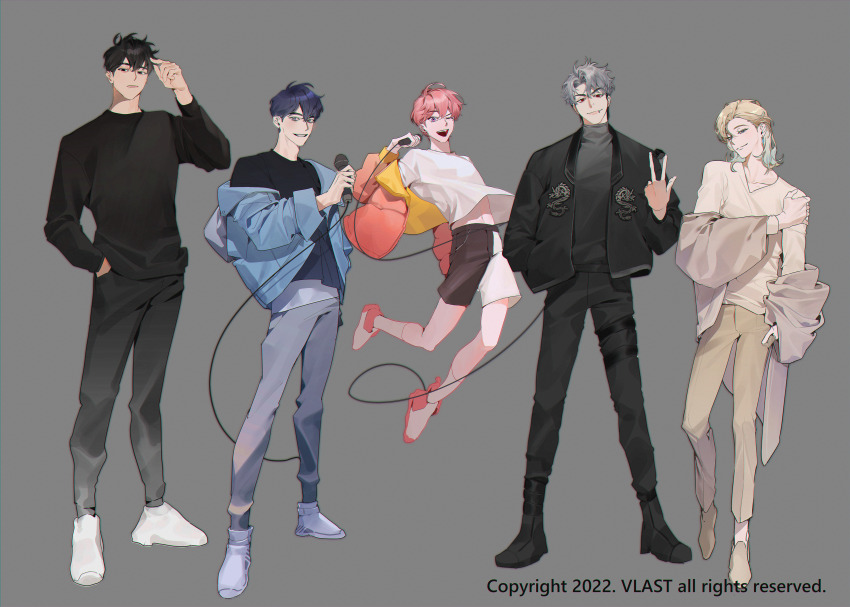 5boys absurdres bamby_(plave) black_hair black_jacket black_pants black_shirt blonde_hair blue_hair blue_jacket concept_art eunho_(plave) grey_background grey_jacket grey_pants hamin_(plave) hand_in_pocket hand_on_own_arm highres holding holding_microphone jacket jumping k-pop long_sleeves medium_hair microphone mole mole_under_eye multiple_boys nakddidi noah_(plave) official_art one_eye_closed open_clothes open_jacket open_mouth pants pink_hair pink_jacket plave purple_eyes shirt short_hair shorts simple_background teeth turtleneck turtleneck_shirt two-tone_shorts upper_teeth_only v white_hair white_shirt yejun_(plave)