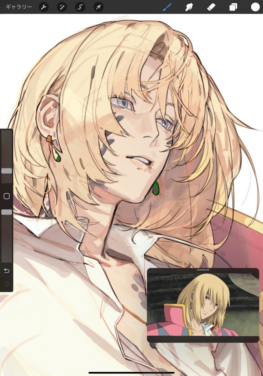 1boy anime_screenshot blonde_hair blue_eyes collared_shirt earrings highres howl_pendragon howl_no_ugoku_shiro jewelry looking_afar male_focus parted_lips photo-referenced seki_(fyfyfy) shirt solo teeth upper_body white_shirt