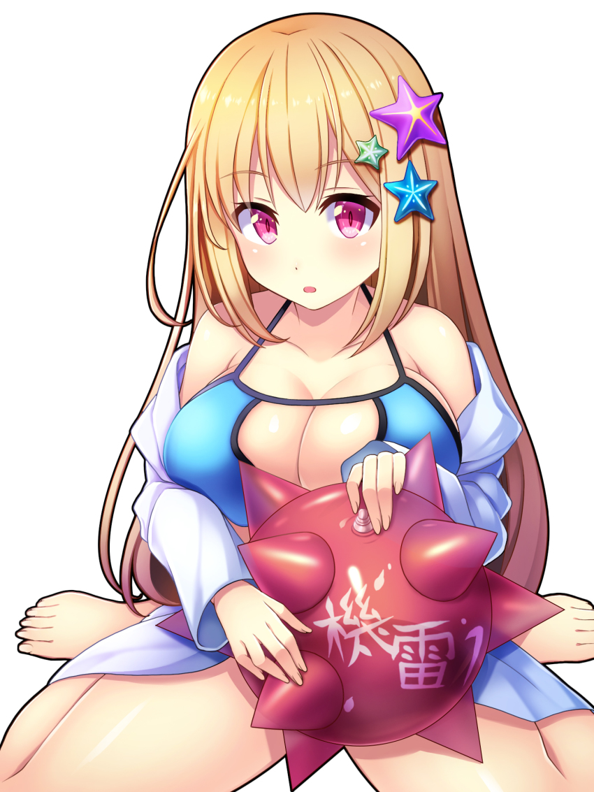 1girl ball barefoot beachball bikini blue_bikini breasts cleavage edamame_senpai female_focus highres knees_out_of_frame large_breasts looking_at_viewer official_art open_mouth pink_eyes sitting skirt smile solo starfish_hair_ornament swimsuit vivid_army wariza white_background