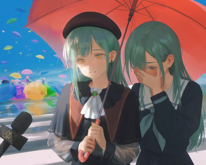 2girls 6+girls amplifier ascot bang_dream! bang_dream!_it&#039;s_mygo!!!!! beret black_capelet blue_shirt blue_skirt blush brown_hair capelet chihaya_anon chinese_commentary closed_eyes commentary_request covering_own_mouth dual_persona earrings electric_guitar embarrassed green_brooch green_hair grey_hair grey_neckerchief guitar hair_ornament hairclip hat highres holding holding_umbrella instrument jewelry kaname_raana long_hair long_sleeves meme microphone mortis_(bang_dream!) mortis_(costume)_(bang_dream!) mortis_(persona)_(bang_dream!) multiple_girls mygo!!!!!_(bang_dream!) nagasaki_soyo neckerchief open_mouth pink_hair pleated_skirt red_hat shiina_taki shirt short_hair skirt special_feeling_(meme) takamatsu_tomori textless_version umbrella wakaba_mutsumi white_ascot yao_liao_wang yellow_eyes