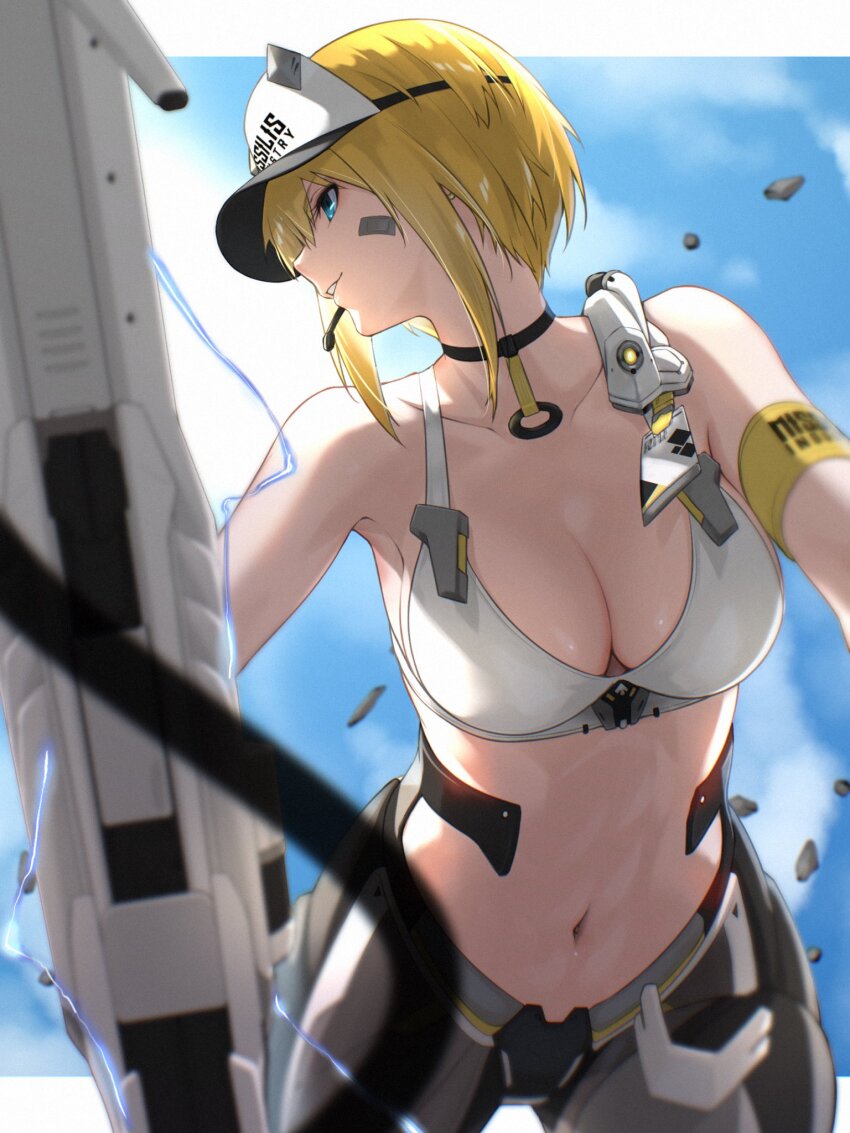 1girl armband armpits bandaid bandaid_on_cheek bandaid_on_face bare_shoulders black_choker black_pants blonde_hair blue_eyes blue_sky breasts cable choker cleavage cloud collarbone commentary_request day earpiece electricity fune_(fune83ojj) goddess_of_victory:_nikke gun hair_between_eyes highres looking_to_the_side maxwell_(nikke) medium_breasts midriff navel outdoors pants parted_lips rifle short_hair short_hair_with_long_locks sidelocks sky sniper_rifle solo sports_bra visor_cap weapon white_sports_bra yellow_armband