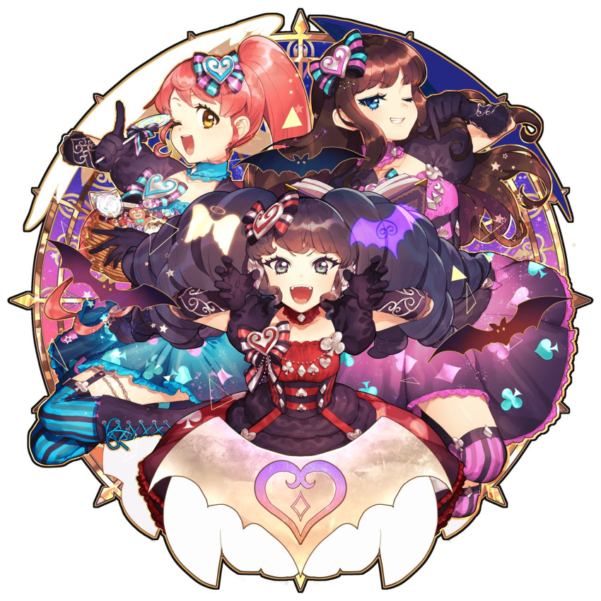 3girls :d basket bat_(animal) black_footwear black_gloves black_hair blue_dress blue_eyes blue_thighhighs book boots brown_hair candy claw_pose club_(shape) commentary_request detached_collar diamond_(shape) dress food full_body gaaruru_(pripara) gingerbread_man gloves grin hair_ornament hands_up headphones heart heart_hair_ornament highres hitoto holding holding_basket holding_book holding_candy holding_food holding_lollipop index_finger_raised knee_boots kurosu_aroma lollipop long_hair looking_at_viewer multiple_girls one_eye_closed open_book open_mouth pink_dress pink_thighhighs pointing pointing_down ponytail pretty_series pripara puffy_short_sleeves puffy_sleeves purple_eyes red_dress red_hair shiratama_mikan short_sleeves simple_background smile spade_(shape) swirl_lollipop thighhighs v-shaped_eyebrows very_long_hair white_background yellow_eyes
