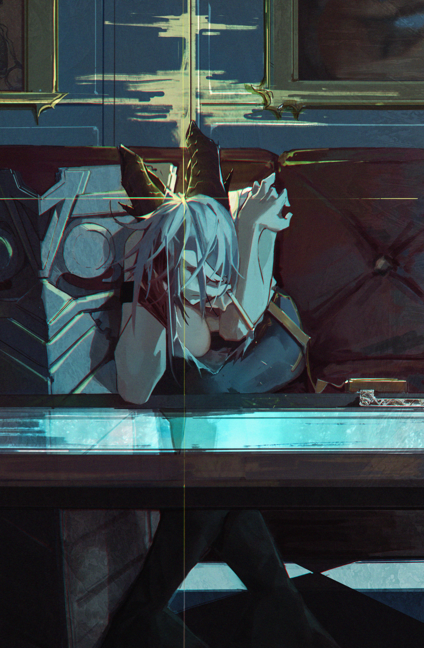 1girl absurdres arm_strap black_horns black_pants breasts cleavage commentary couch crossed_legs curled_horns elbow_rest emu2046 english_commentary film_grain grey_hair hand_to_head hand_up head_rest highres horns indoors large_breasts leaning_forward necktie necktie_around_wrists on_couch pants picture_frame red_necktie shield shirt sitting solo table torn_clothes torn_shirt white_shirt wuthering_waves zani_(wuthering_waves)